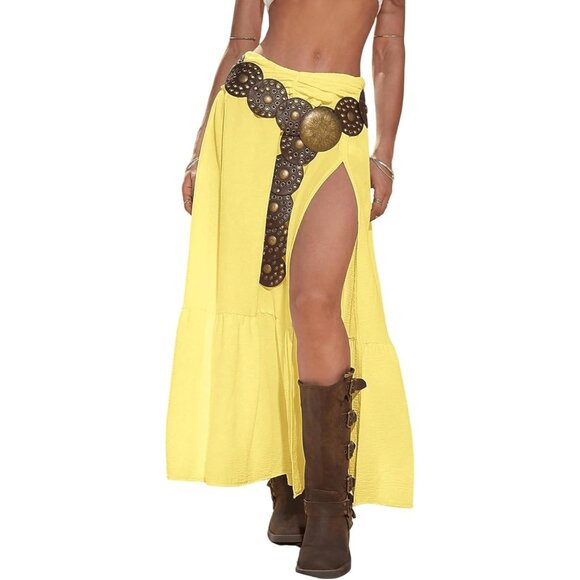 Women's Yellow Western Low Rise Maxi Ruffle High Slit Cowgirl Skirts